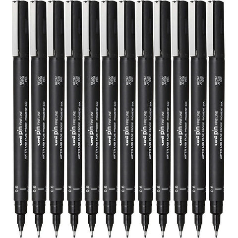 Uni-Ball 200 Pin Fineliner Fine Line Pen 0.6mm Box of 12 (Black)