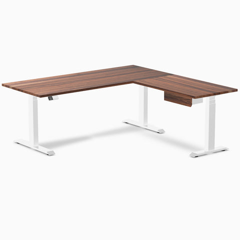 Desky Hardwood L-Shape Standing Desk With Drawer 180 x 175 cm Walnut Top and White Leg