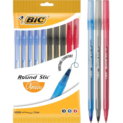 Bic Round Stic Ballpoint Pens Medium Assorted Black/Blue/Red Pack 10