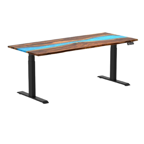 Desky Dual Resin Hardwood Sit Stand Desk 180cm Pheasantwood Blue River Desktop and Black Frame