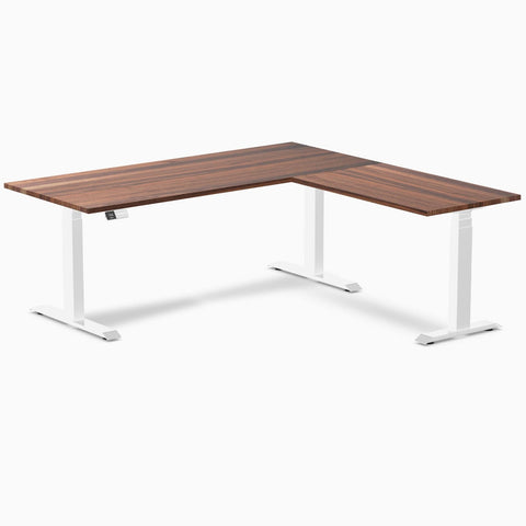 Desky Hardwood L-Shape Sit Stand Desk 180 x 175 cm Walnut Top and White Leg