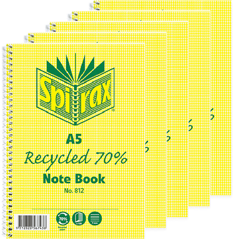 Spirax 812 Notebook 7mm Ruled 70% Recycled Spiral Bound 120 Page (A5) [Pack 5]