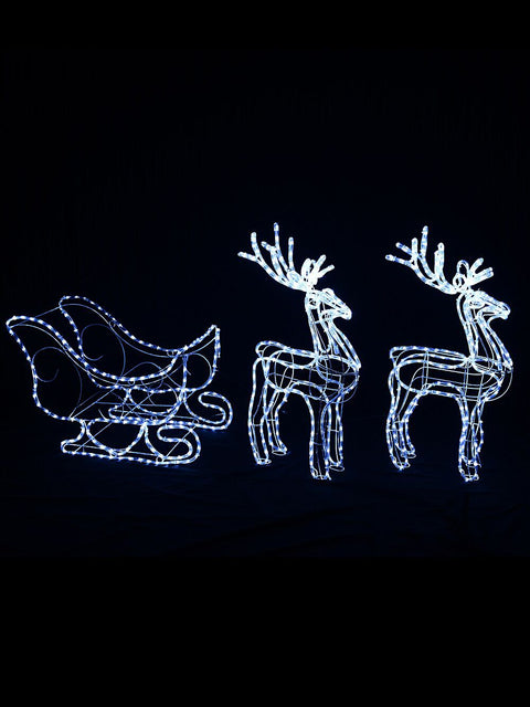 Christmas Warehouse - OUDRPW51 1.8m 3D Sleigh & Reindeer Outdoor LED Rope Light Display Set Cool White