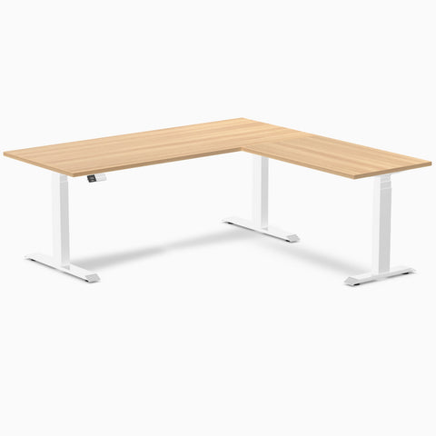 Desky Eco L-Shape Melamine Sit Stand Desk 180 x 175 cm Sublime Teak Top and White Leg