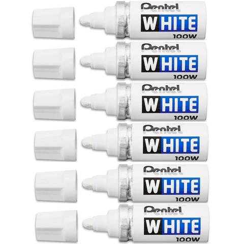Pentel 100W Permanent Marker Broad Thick Bullet Tip (White) [Pack 6]