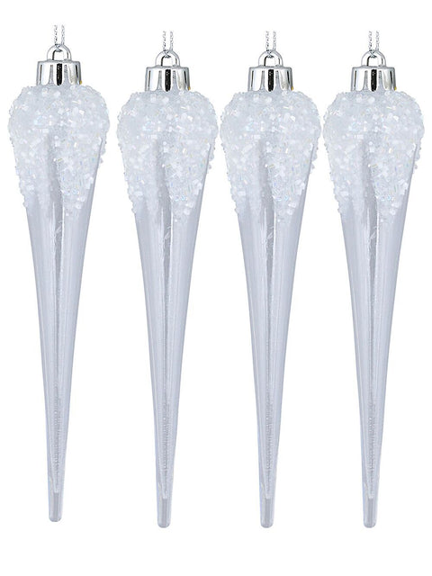 Christmas Warehouse - DECRH052 4x Frosted & Clear Icicle Whimsical Essential Ornament | 15cm Clear with White