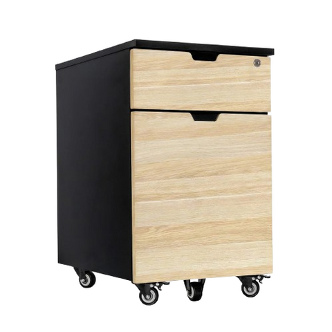 Desky Minimal Wooden Filing Cabinet - Black / Classic Oak Melamine