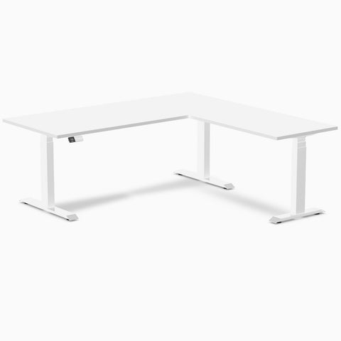 Desky Eco L-Shape Melamine Sit Stand Desk 180 x 175 cm White Top and White Leg