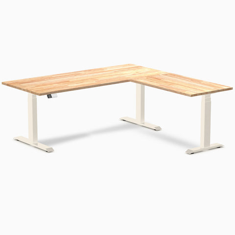 Desky Rubberwood L-Shape Sit Stand Desk 180 x 175 cm Natural Timber Top and Wheat Leg