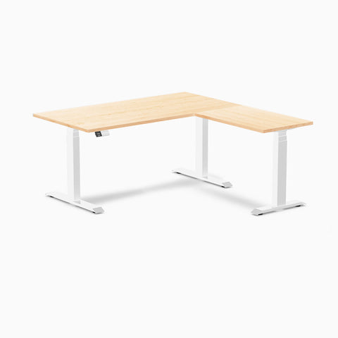 Desky Hardwood L-Shape Sit Stand Desk 150 x 155 cm Maple Top and White Leg