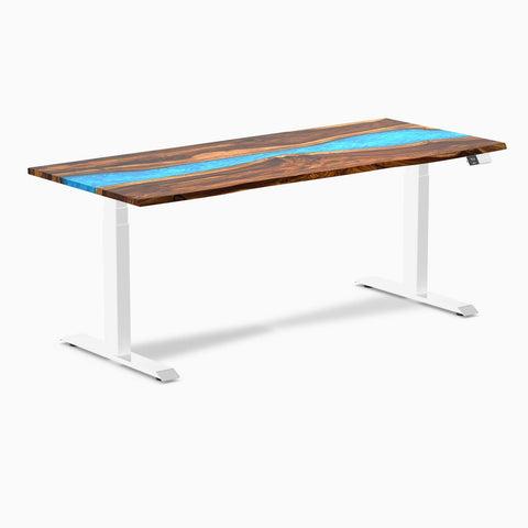 Desky Dual Resin Hardwood Sit Stand Desk 180cm Pheasantwood Blue River Desktop and White Frame