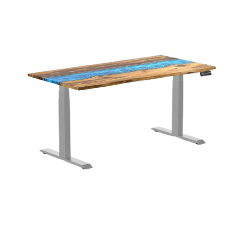 Desky Dual Resin Hardwood Sit Stand Desk 150cm Teak Blue River Desktop and Grey Frame