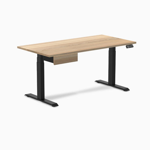 Desky Dual Hardwood Standing Desk With Drawer 150cm White Ash Desktop and Matte Black Frame