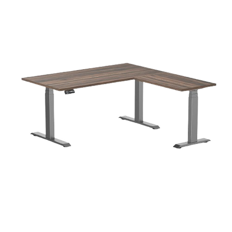 Desky Eco L-Shape Melamine Sit Stand Desk 150 x 155 cm Jarrah Legno Top and Space Grey Leg