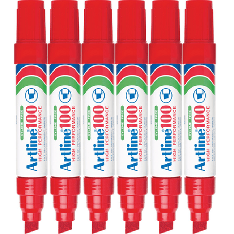 Artline 100 Box 6 Permanent Marker 12mm Chisel Tip Thick Nib (Red)