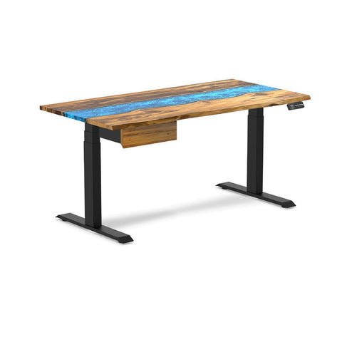 Desky Dual Resin Hardwood Standing Desk With Drawer 150cm Teak Blue River Desktop and Matte Black Frame