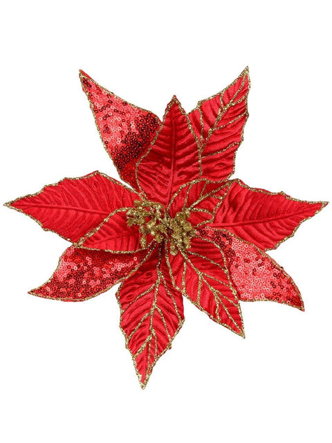Christmas Warehouse - PICK2156 Three Style Red & Gold Glitter Poinsettia Christmas Tree Clip Pick | 28cm Red with Gold