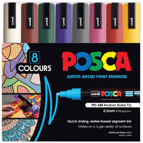 Uni POSCA PC-5M Paint Markers Bullet Tip Medium 8 Colour Pack (Dark Colours)