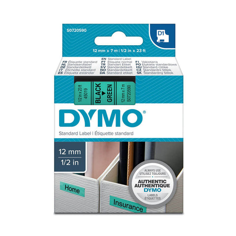 Dymo D1 Tape Label 12mmx7m - Black on Green