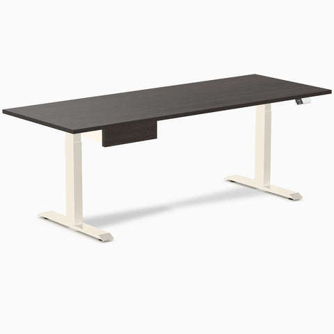 Desky Dual Melamine Standing Desk With Drawer 200cm Burnished Wood Desktop and Wheat Frame
