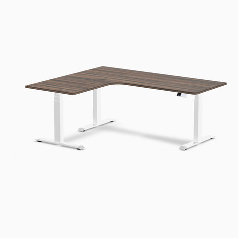 Desky L-Shape Melamine Sit Stand Desk 180cm - Left Return Jarrah Legno Top and White Leg