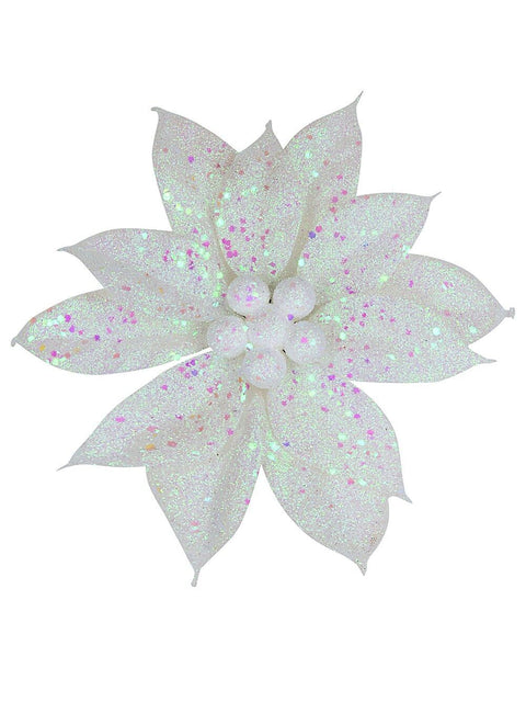 Christmas Warehouse - PICK2406 White Poinsettia With Iridescent Decor Christmas Tree Clip Pick | 19cm White with Iridescent