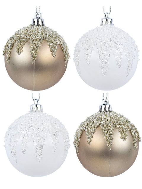 Christmas Warehouse - DECR9143 6x Opulent White & Champagne Essential Beaded Icicle Baubles | 60mm White & Champagne