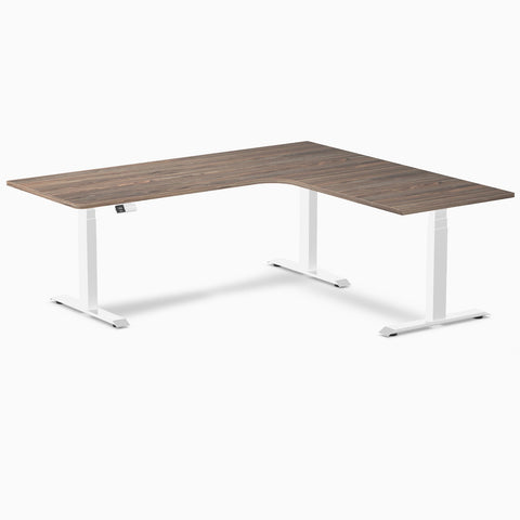 Desky L-Shape Melamine Sit Stand Desk 200cm - Right Return Natural Walnut Top and White Leg