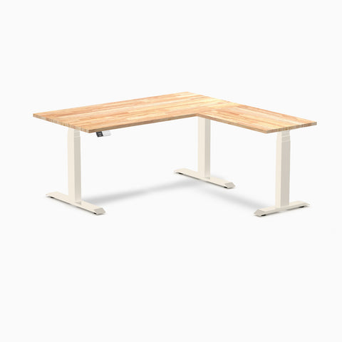 Desky Rubberwood L-Shape Sit Stand Desk 150 x 155 cm Natural Timber Top and Wheat Leg