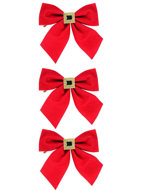 Christmas Warehouse - DECRB955 3x Red Felt Gold Buckle Whimsical Signature Bow | 13cm Red with Gold & Black