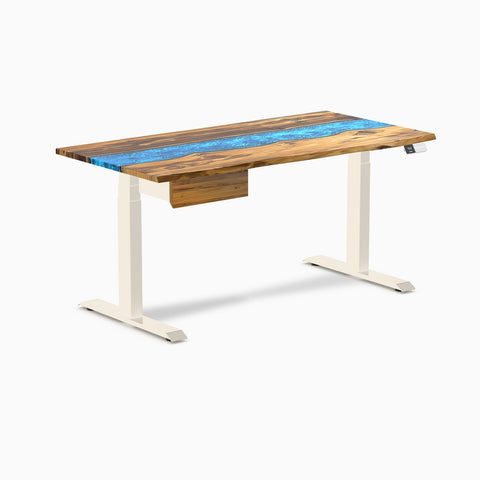 Desky Dual Resin Hardwood Standing Desk With Drawer 150cm Teak Blue River Desktop and Wheat Frame