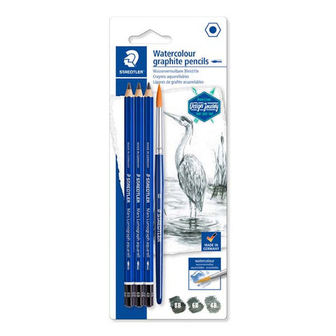 Staedtler Mars Lumograph Aquarell Graphite Pencils, with Brush, 4Pcs