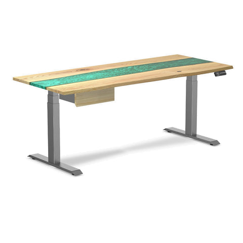Desky Dual Resin Hardwood Standing Desk With Drawer 180cm White Ash Emerald River Desktop and Space Grey Frame