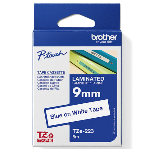 Brother TZE-223 Laminated Labelling Tape 9mm (Blue On White)