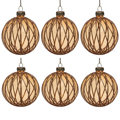 Christabelle 6 Gold Glass Christmas Baubles Shimmering Stripe Translucent 8cm Xmas Tree Decorations Hanging Ornaments
