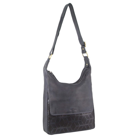 Pierre Cardin Womens Leather Multi Zip Perforated Cross-Body Bag - Teal