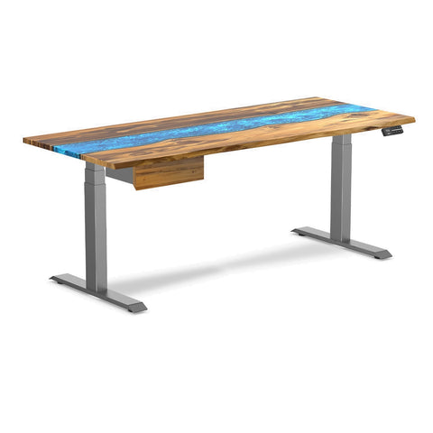 Desky Dual Resin Hardwood Standing Desk With Drawer 180cm Teak Blue River Desktop and Space Grey Frame