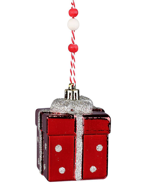 Christmas Warehouse - DECRH089 Red Glittered Gift Box Radiant Essential Ornament | 60mm Red with Silver