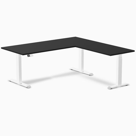 Desky Eco L-Shape Melamine Sit Stand Desk 180 x 175 cm Black Top and White Leg