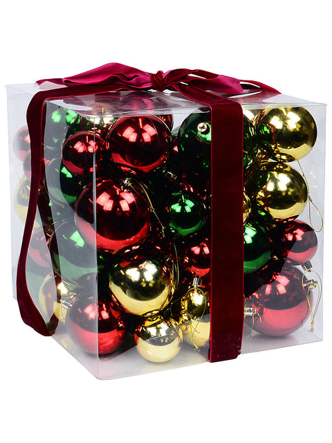 Christmas Warehouse - DECR2674 63x Heritage Red Green & Gold Shiny Metallic Bauble Starter Pack 60mm-10cm