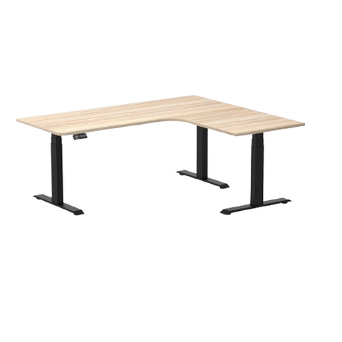 Desky L-Shape Melamine Sit Stand Desk 180cm - Right Return Classic Oak Top and Matte Black Leg