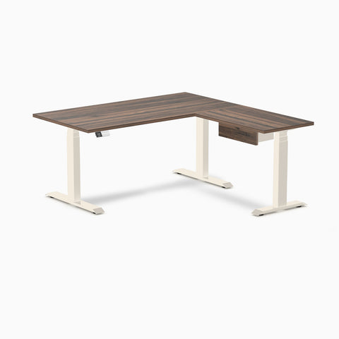 Desky Eco L-Shape Melamine Standing Desk With Drawer 150 x 155 cm Jarrah Legno Top and Wheat Leg