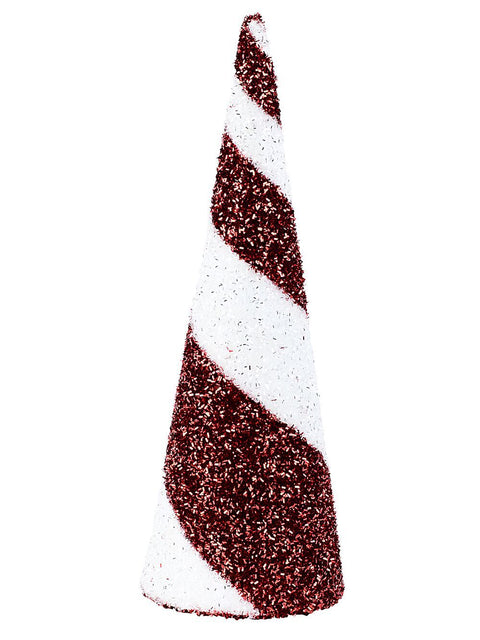 Christmas Warehouse - ORNM2401 Red & White Swirl Christmas Tabletop Conical Tree Tinsel Plaque | 44cm Red & White with Silver