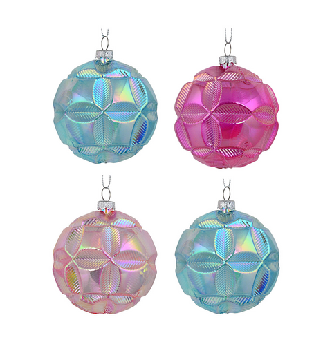 Christmas Warehouse - DECR2607 6x Whimsical Iridescent Pastel Statement Geometric Floral Baubles | 80mm Pink & Blue