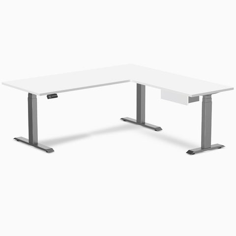 Desky Eco L-Shape Melamine Standing Desk With Drawer 180 x 175 cm White Top and Space Grey Leg