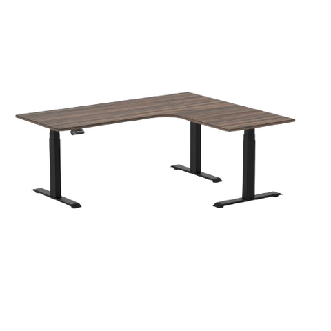 Desky L-Shape Melamine Sit Stand Desk 180cm - Left Return Jarrah Legno Top and Matte Black Leg