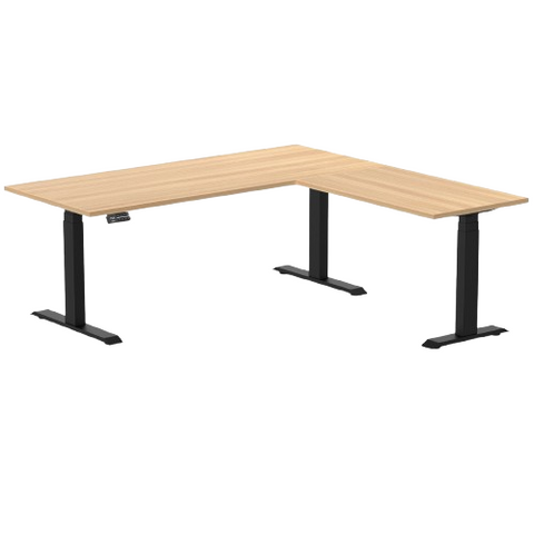 Desky Eco L-Shape Melamine Sit Stand Desk 180 x 175 cm Sublime Teak Top and Matte Black Leg