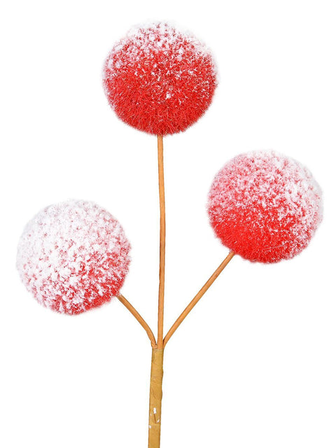 Christmas Warehouse - PICK2214 Red With White Frost Pom Pom Snowballs Christmas Tree Clip Pick | 12cm Red with White & Brown