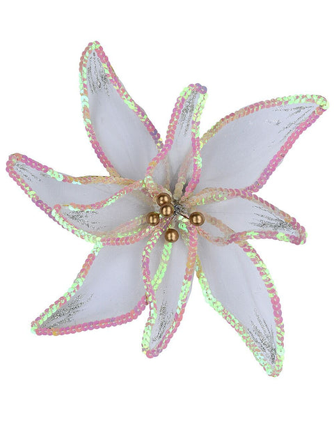 Christmas Warehouse - PICK2421 White Organza Poinsettia With Iridescent Christmas Tree Clip Pick | 25cm White with Iridescent, Silver & Rose Gold