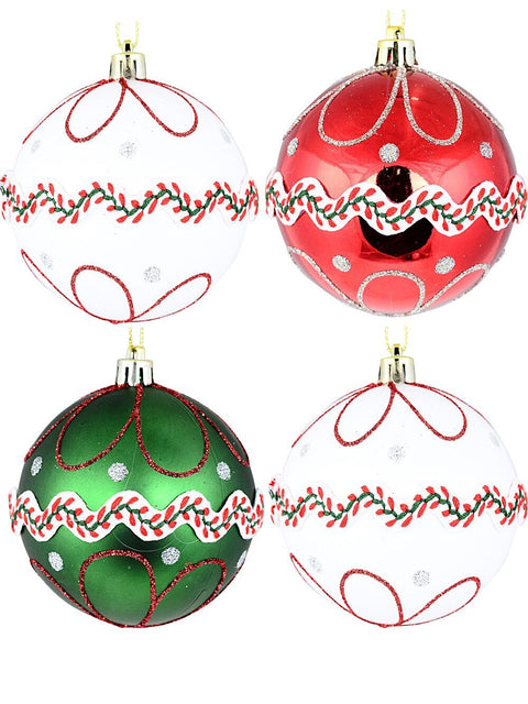 Christmas Warehouse - DECR9213 4x Dynamic White Green & Red Statement Lace & Glitter Baubles | 80mm White, Green & Red with Silver